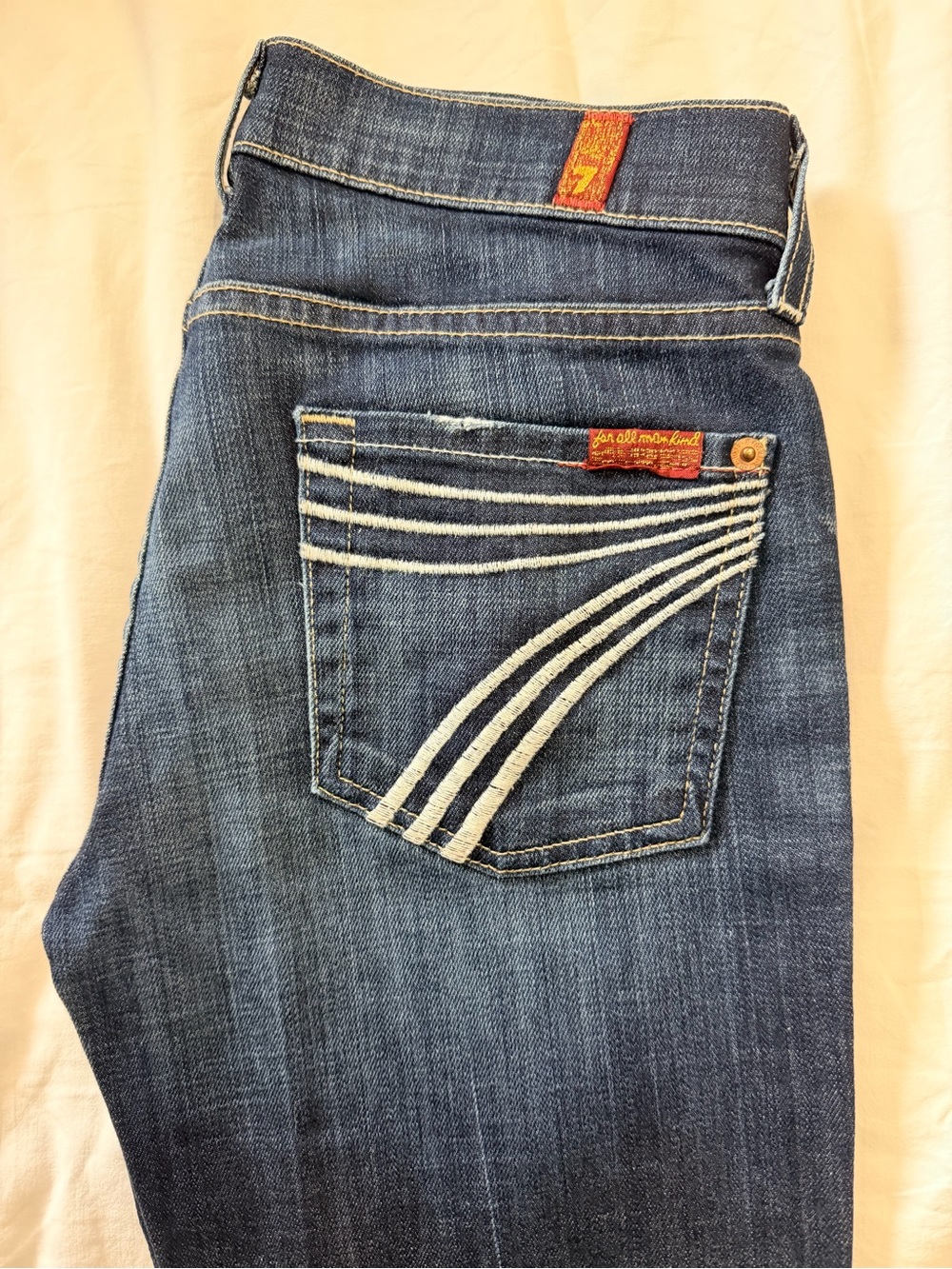 7 For All Mankind Dojo Low Rise Flare Jeans Dark Wash White Pocket Y2K Denim